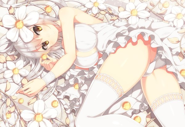 Anime picture 1476x1010 with original samegami single long hair looking at viewer breasts light erotic large breasts yellow eyes white hair girl thighhighs dress underwear panties flower (flowers) white thighhighs white dress white panties