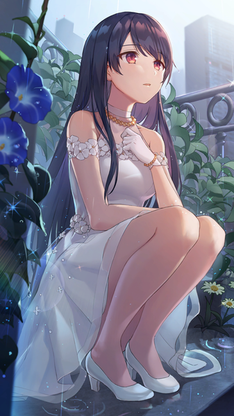 Anime picture 1080x1920 with girl cafe gun shi wuxia single long hair tall image fringe open mouth black hair red eyes bare shoulders looking away full body outdoors official art sparkle wet high heels lens flare hand on chest rain