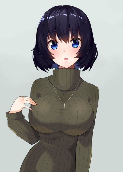 Anime picture 1292x1800 with original gomashi (goma) single tall image looking at viewer blush short hair breasts open mouth blue eyes light erotic black hair simple background large breasts upper body grey background hand on chest girl cross turtleneck