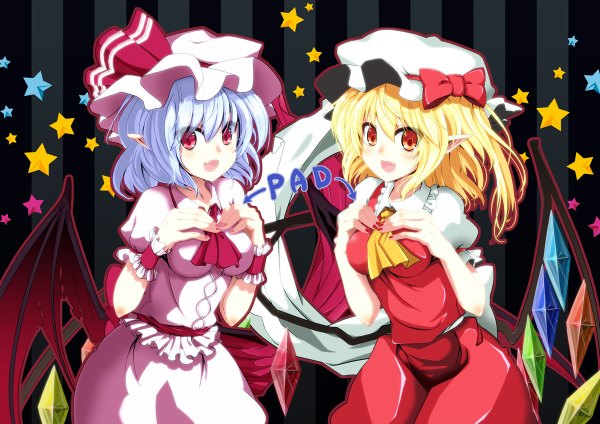 Anime picture 1200x848 with touhou flandre scarlet remilia scarlet hebata looking at viewer blush short hair open mouth blonde hair red eyes multiple girls blue hair pointy ears inscription teeth fang (fangs) girl dress skirt bow