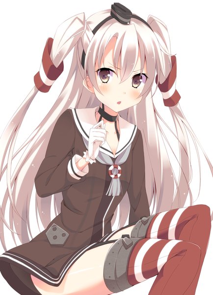 Anime picture 900x1242 with kantai collection amatsukaze destroyer kurono yuzuko single long hair tall image looking at viewer blush simple background white background sitting brown eyes white hair two side up girl thighhighs dress gloves hair ornament hat