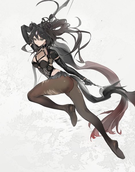 Anime picture 2562x3270 with arknights meteor (arknights) koio single tall image fringe highres light erotic black hair hair between eyes white background animal ears full body bent knee (knees) ass tail very long hair animal tail hair bun (hair buns) alternate costume
