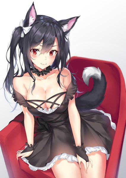 Anime picture 1300x1834 with azur lane shigure (azur lane) pdxen single long hair tall image looking at viewer blush fringe breasts light erotic black hair simple background smile hair between eyes red eyes large breasts white background sitting bare shoulders