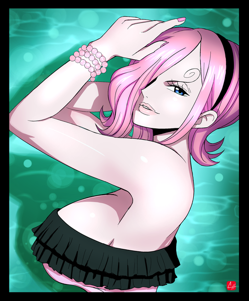 Anime picture 1280x1548 with one piece toei animation vinsmoke reiju chris re5 single tall image looking at viewer fringe short hair breasts blue eyes light erotic simple background large breasts signed pink hair nail polish parted lips fingernails lips