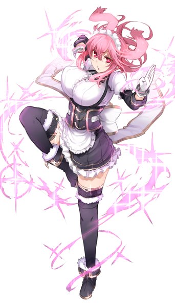 Anime picture 685x1200 with original ganesagi single long hair tall image looking at viewer fringe breasts light erotic simple background red eyes large breasts standing white background pink hair bent knee (knees) pleated skirt arm up maid magic