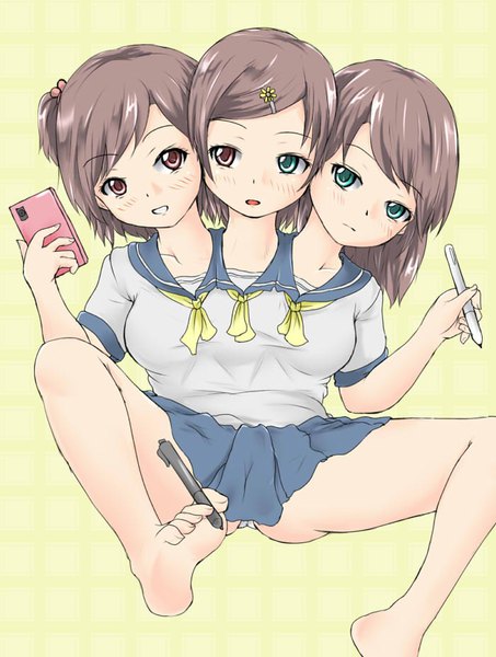 Anime picture 700x928 with original ftt tall image looking at viewer blush short hair open mouth light erotic simple background smile brown hair sitting multiple girls brown eyes green eyes pantyshot heterochromia grin one side up pantyshot sitting