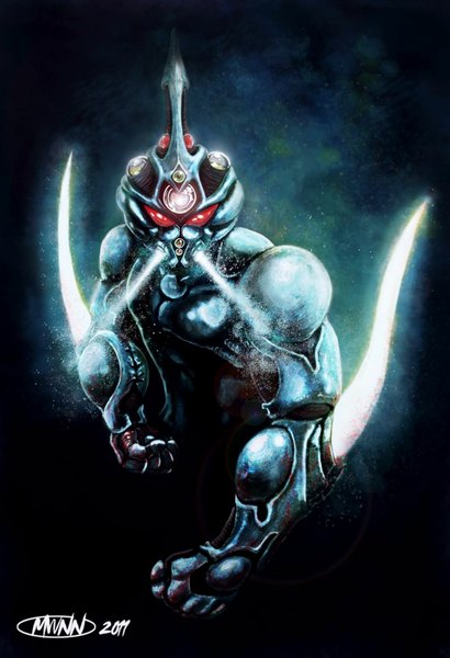 Anime picture 800x1171 with guyver guyver i single tall image looking at viewer simple background red eyes standing horn (horns) black background boy weapon sword armor