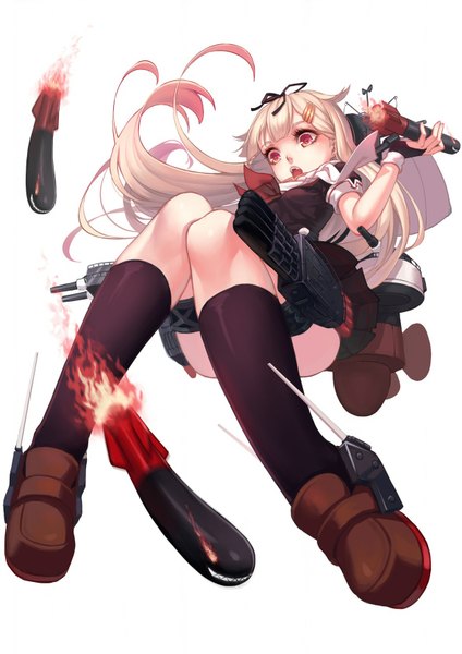 Anime picture 1180x1670 with kantai collection yuudachi destroyer -elf-jy single long hair tall image open mouth simple background blonde hair red eyes white background remodel (kantai collection) girl socks black socks sailor suit