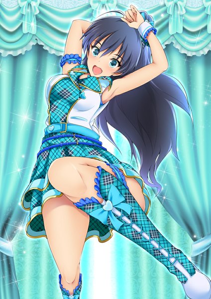 Anime picture 707x1000 with idolmaster ganaha hibiki maruwa tarou single long hair tall image looking at viewer open mouth blue eyes black hair check my note girl dress bow boots