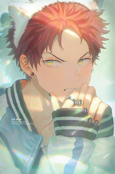 Anime picture 599x900 with hypnosis mic kuko harai sioda single tall image blush short hair animal ears yellow eyes looking away red hair long sleeves nail polish sunlight copyright name text piercing sleeves past wrists portrait fake animal ears