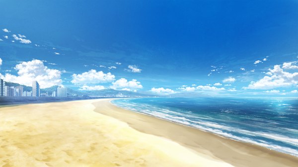 Anime picture 2560x1440 with grisaia no kajitsu highres wide image game cg sky cloud (clouds) beach city no people sea