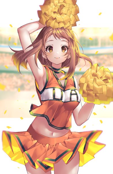 Anime picture 2000x3062 with boku no hero academia studio bones uraraka ochako kinty single long hair tall image looking at viewer blush fringe highres breasts smile brown hair standing brown eyes payot pleated skirt arm up wind