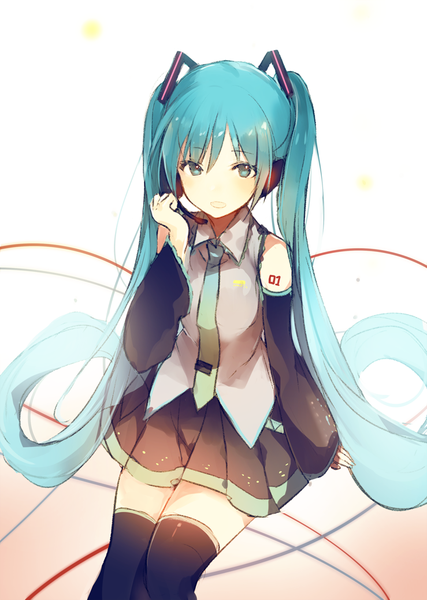 Anime-Bild 739x1039 mit vocaloid hatsune miku lpip single tall image looking at viewer blush fringe open mouth simple background hair between eyes white background sitting twintails very long hair pleated skirt aqua eyes aqua hair tattoo gradient background