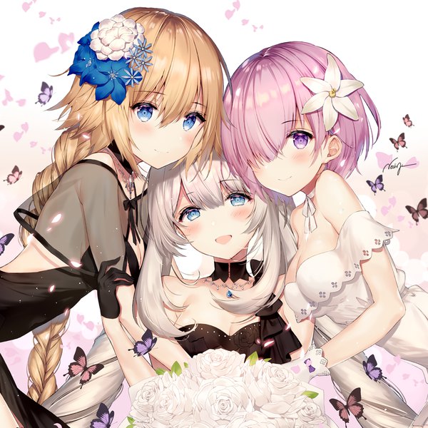Anime picture 1000x1000 with fate (series) fate/grand order fate/apocrypha jeanne d'arc (fate) (all) mash kyrielight marie antoinette (fate/grand order) mash kyrielight (formal dress) jeanne d'arc (formal dress) (fate) necomi (gussan) long hair looking at viewer blush fringe short hair breasts open mouth blue eyes blonde hair smile hair between eyes