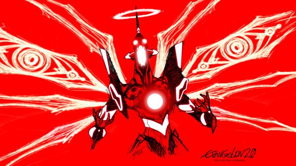 Anime picture 1920x1080 with neon genesis evangelion rebuild of evangelion evangelion: 2.0 you can (not) advance gainax eva 01 highres simple background wide image horn (horns) wallpaper copyright name no people red background halo monster mecha