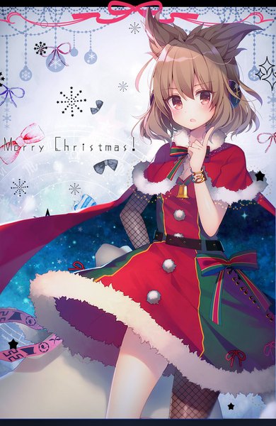 Anime picture 878x1350 with touhou toyosatomimi no miko koto seori single tall image looking at viewer blush fringe short hair hair between eyes brown hair brown eyes :o alternate costume hand on hip christmas letterboxed merry christmas >:o girl