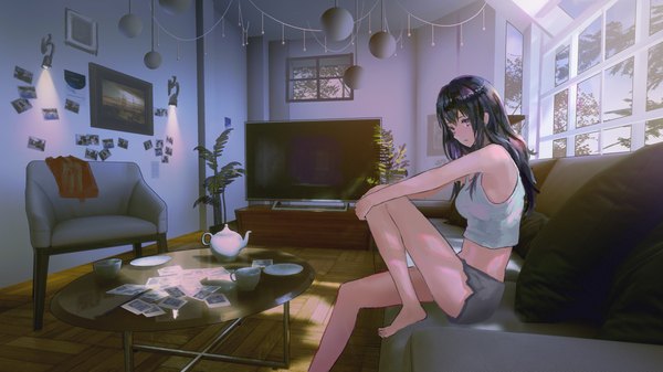 Anime picture 1100x619 with original denki single long hair looking at viewer fringe black hair hair between eyes wide image sitting bare shoulders bent knee (knees) indoors pink eyes barefoot sunlight bare legs armpit (armpits) midriff sleeveless