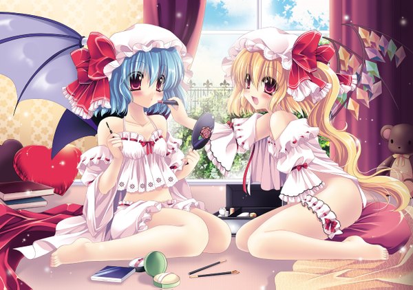 Anime picture 1248x879 with touhou flandre scarlet remilia scarlet sakurano tsuyu long hair blush short hair open mouth light erotic blonde hair red eyes multiple girls blue hair cleavage barefoot one side up girl 2 girls wings heart