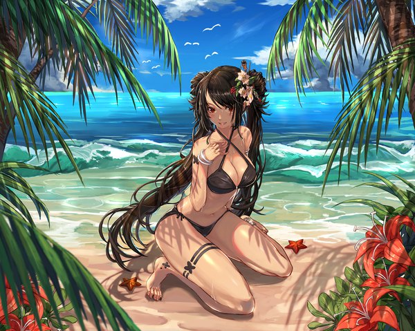 Anime picture 2362x1889 with dungeon and fighter qbspdl single long hair looking at viewer blush fringe highres breasts light erotic black hair smile hair between eyes red eyes large breasts sitting twintails bare shoulders sky cleavage