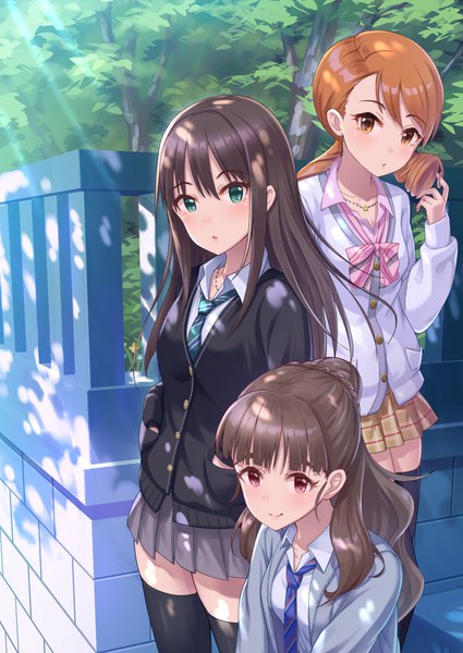 Anime picture 1300x1836 with idolmaster idolmaster cinderella girls shibuya rin houjou karen kamiya nao tamakaga long hair tall image looking at viewer blush fringe smile hair between eyes red eyes brown hair standing sitting multiple girls green eyes payot