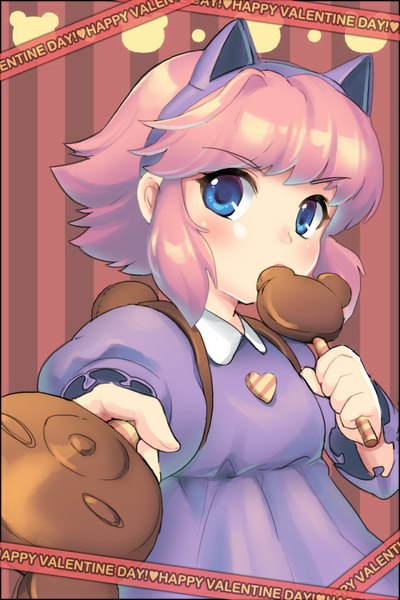 Anime picture 640x960 with league of legends annie (league of legends) dakun87 (artist) single tall image looking at viewer blush fringe short hair blue eyes pink hair eating valentine girl dress food sweets candy lollipop