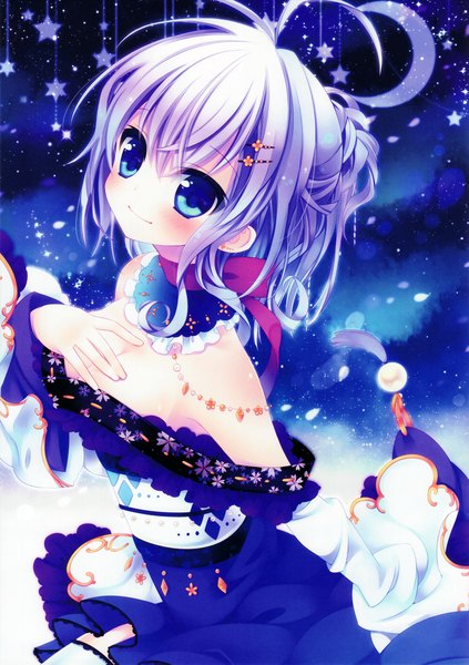 Anime picture 2852x4043 with original konno kengo single long hair tall image looking at viewer blush highres blue eyes smile bare shoulders blue hair girl dress star (symbol)