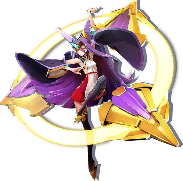 Anime picture 1103x1097 with blazblue blazblue: central fiction arc system works hades: izanami mikado (blazblue) katou yuuki single long hair looking at viewer blush fringe hair between eyes red eyes standing purple hair full body bent knee (knees) ponytail arm up wide sleeves