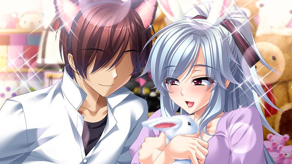 Anime picture 1024x576 with silicon magic phi (silicon magic) long hair short hair open mouth black hair red eyes wide image animal ears game cg silver hair cat ears couple girl boy cat
