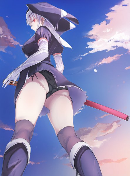 Anime picture 1000x1352 with original yukiguni yuu single tall image looking at viewer short hair breasts light erotic red eyes large breasts holding sky cloud (clouds) ass white hair profile from below pantyshot cameltoe sheathed