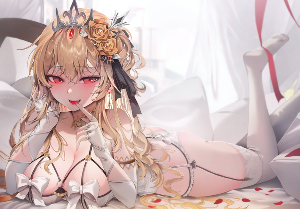 Anime picture 3700x2581 with zerocat single long hair looking at viewer blush fringe highres breasts open mouth light erotic blonde hair smile hair between eyes red eyes large breasts absurdres ass lying nail polish :d