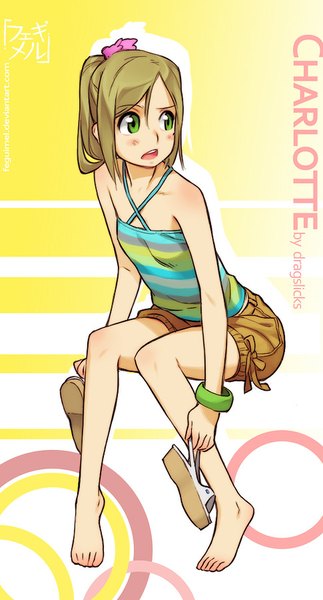 Anime picture 485x900 with original feguimel single tall image blush short hair green eyes looking away legs dark hair girl shorts