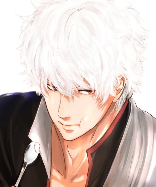 Anime picture 1000x1200 with gintama sunrise (studio) sakata gintoki shioaji single tall image short hair simple background red eyes white background looking away white hair close-up face eating boy spoon