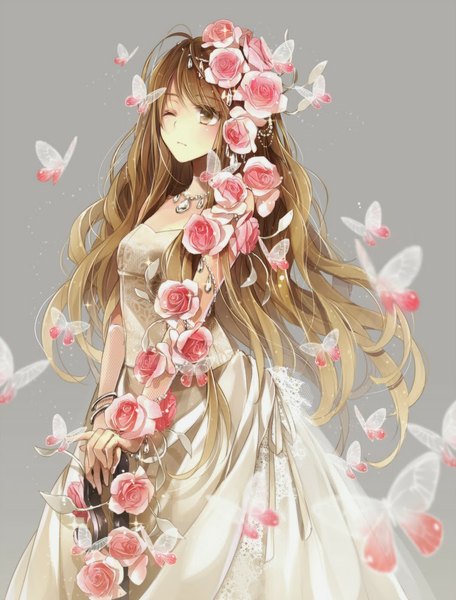Anime picture 761x1000 with original hagiwara rin single long hair tall image blush breasts simple background brown hair brown eyes cleavage one eye closed hair flower wink messy hair girl dress hair ornament flower (flowers) choker