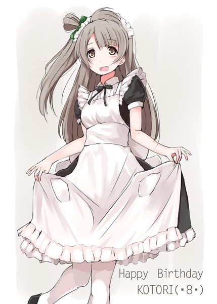 Anime picture 1295x1812 with love live! school idol project sunrise (studio) love live! minami kotori asterism single long hair tall image looking at viewer blush open mouth yellow eyes grey hair inscription maid one side up dress lift happy birthday girl dress