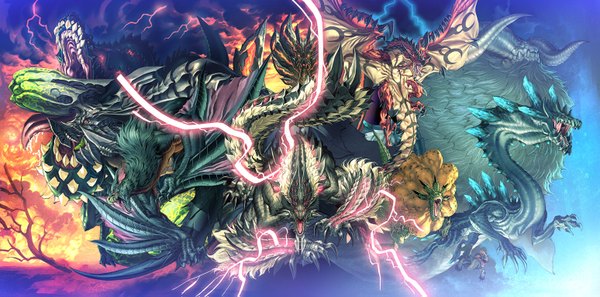 Anime picture 1547x767 with monster hunter tri monster hunter tagme (character) nargacuga (armor) zinogre itou ben (artist) open mouth wide image plant (plants) wings tree (trees) fire dragon flame