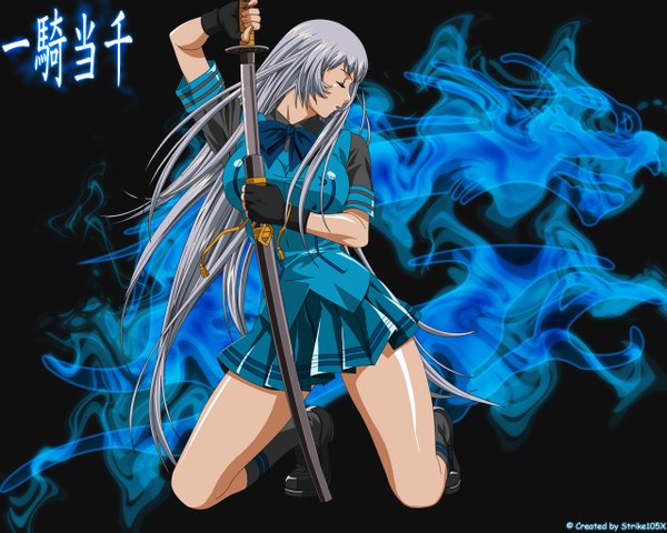 Anime picture 1280x1024 with ikkitousen chouun shiryuu long hair fringe white hair eyes closed very long hair kneeling dress gloves uniform bow school uniform sword shoes