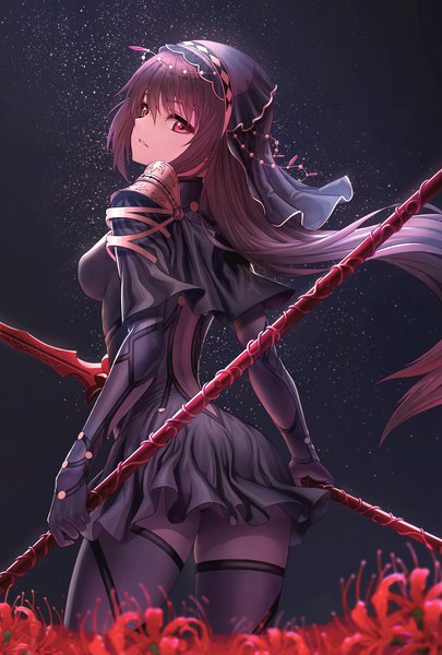 Anime picture 2766x4093 with fate (series) fate/grand order scathach (fate) (all) scathach (fate) sion (9117) single long hair tall image looking at viewer fringe highres breasts light erotic hair between eyes red eyes standing holding payot purple hair parted lips