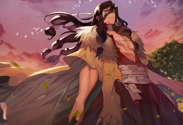 Anime picture 1900x1300 with dr. stone shishiou tsukasa peach luo single long hair fringe highres black hair hair between eyes red eyes sky outdoors wind from below fur trim boy fur cape hair tubes