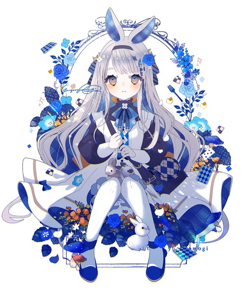 Anime picture 903x1100 with original yuzuyomogi single long hair tall image looking at viewer sitting animal ears silver hair full body bunny ears multicolored eyes bunny day girl flower (flowers) animal bunny card (cards) nemophila (flower)