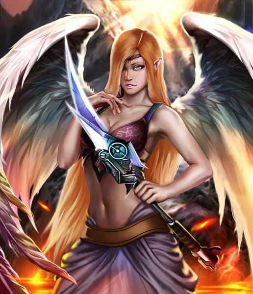 Anime picture 1000x1163 with dons of desperado (game) diana hoang (dons of desperado) lldarkart single long hair tall image fringe blue eyes light erotic blonde hair pointy ears hair over one eye mole midriff mole under eye angel wings girl navel weapon wings