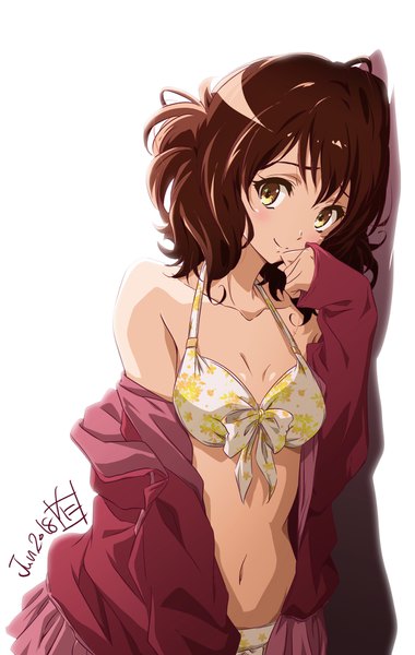 Anime picture 1048x1654 with hibike! euphonium kyoto animation oumae kumiko nii manabu single tall image looking at viewer blush fringe short hair breasts light erotic simple background smile hair between eyes brown hair standing white background bare shoulders signed