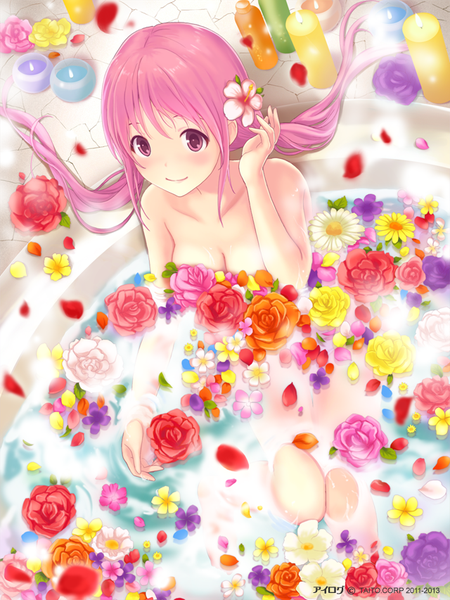 Anime picture 640x853 with ilog sakuragi kokoro occhan single long hair tall image looking at viewer blush fringe breasts light erotic smile sitting twintails bare shoulders pink hair pink eyes hair flower from above girl