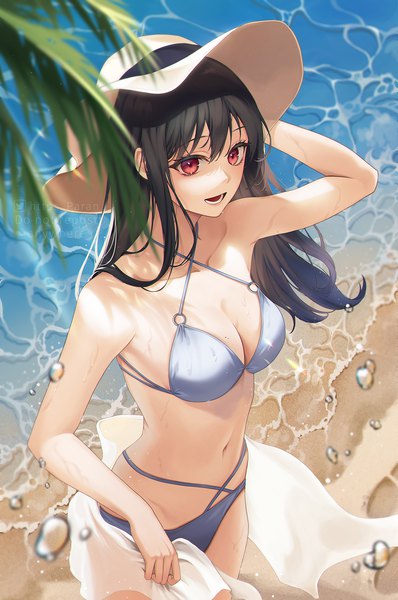 Anime picture 1328x2000 with original paran single long hair tall image fringe breasts open mouth light erotic black hair smile hair between eyes red eyes large breasts standing looking away outdoors :d arm up from above