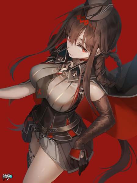 Anime picture 1792x2393 with girls frontline dsr-50 (girls frontline) kyjsogom single tall image fringe highres breasts simple background hair between eyes red eyes brown hair standing payot looking away ahoge braid (braids) very long hair watermark red background