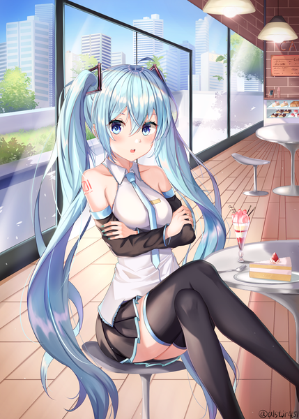 Anime picture 2503x3500 with vocaloid hatsune miku shirokuma (zeroillya) single tall image looking at viewer blush fringe highres open mouth blue eyes hair between eyes sitting twintails bare shoulders signed payot blue hair sky ahoge