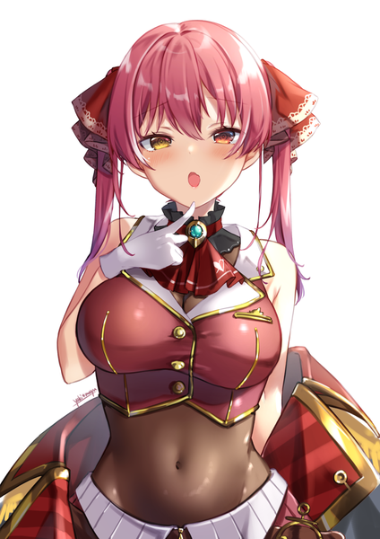 Anime picture 955x1351 with virtual youtuber hololive houshou marine houshou marine (1st costume) yaki mayu single long hair tall image looking at viewer blush fringe open mouth light erotic simple background hair between eyes white background twintails upper body red hair :o