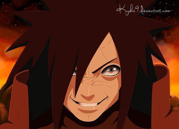 Anime picture 1111x800 with naruto studio pierrot naruto (series) uchiha madara kyuubii9 single short hair black hair smile night grey eyes night sky grin coloring close-up face rinnegan boy armor fire