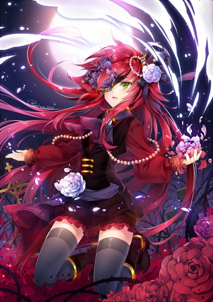 Anime picture 707x1000 with hieihirai single long hair tall image blush fringe standing green eyes signed looking away ahoge bent knee (knees) red hair parted lips hair flower arm up night zettai ryouiki night sky kneeling