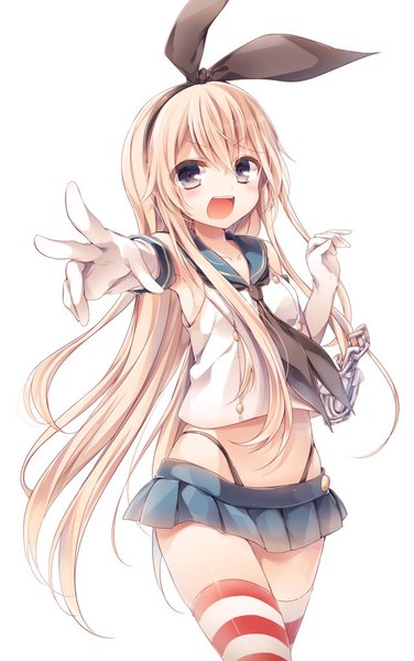 Anime picture 642x1024 with kantai collection shimakaze destroyer komeshiro kasu single long hair tall image blush fringe open mouth light erotic simple background blonde hair hair between eyes white background looking away :d black eyes bare belly outstretched arm >:d