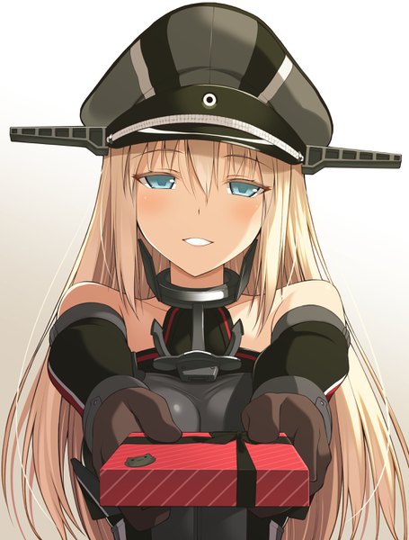 Anime picture 2184x2880 with kantai collection bismarck battleship oota yuuichi single long hair tall image looking at viewer blush fringe highres simple background blonde hair smile hair between eyes bare shoulders holding payot upper body aqua eyes gradient background